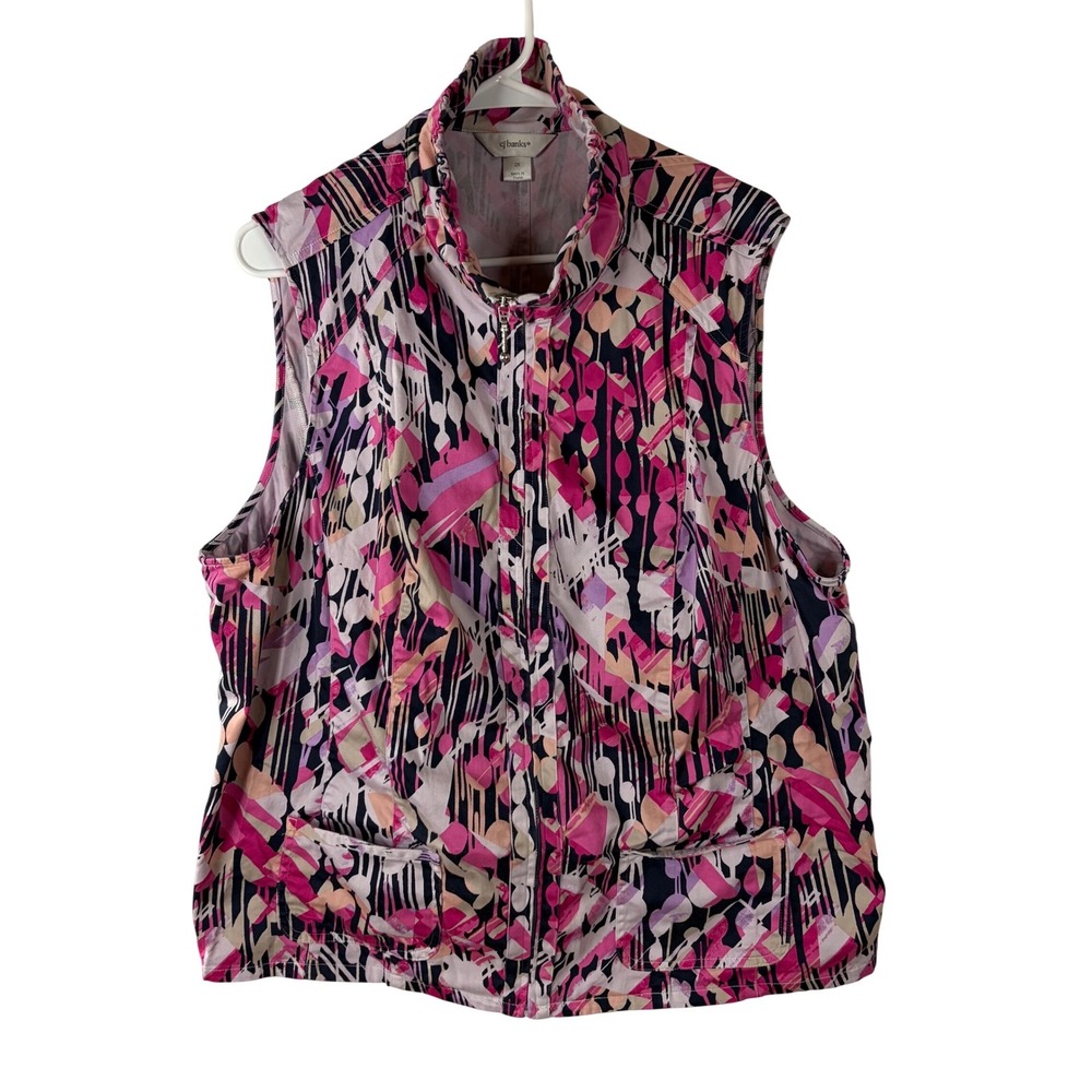 CJ Banks Womens 2X Pink Abstract Geometric Zip Up Mock Neck Vest Pockets